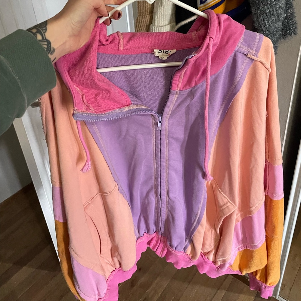 BiBi color block Pink, Purple, peach and Orange Zip-Up Hoodie